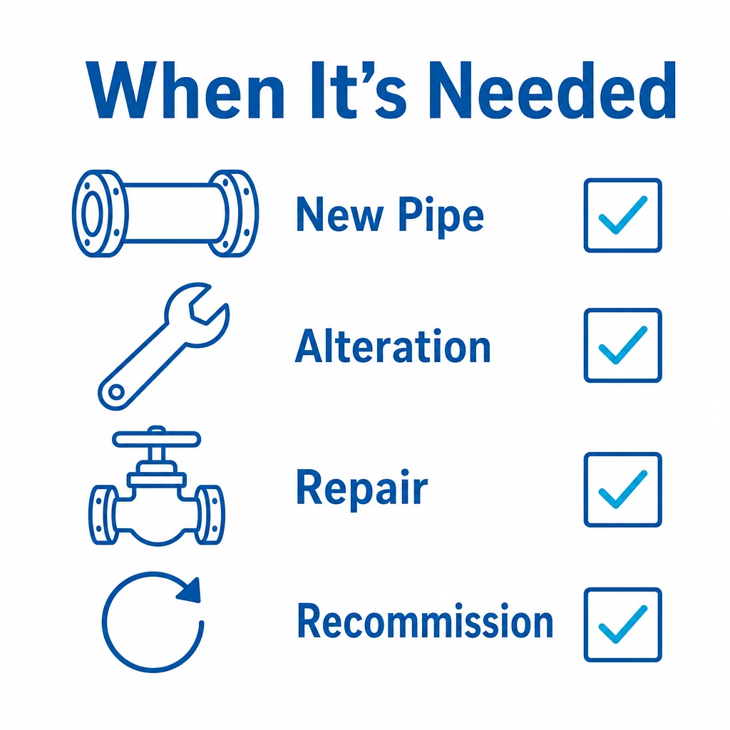 Checklist graphic of when gas pipework testing and purging is needed