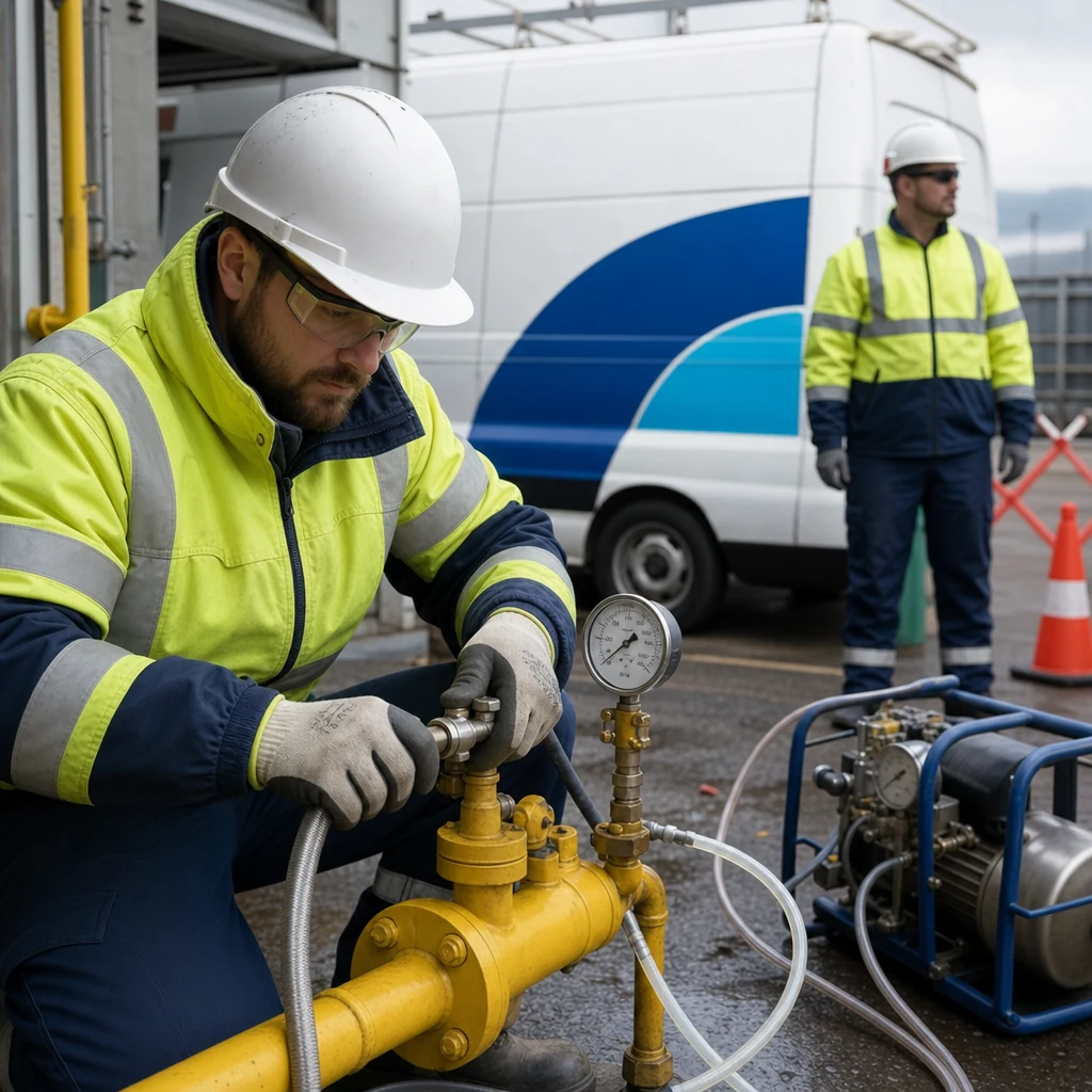 Engineers using purging equipment on commercial gas pipework