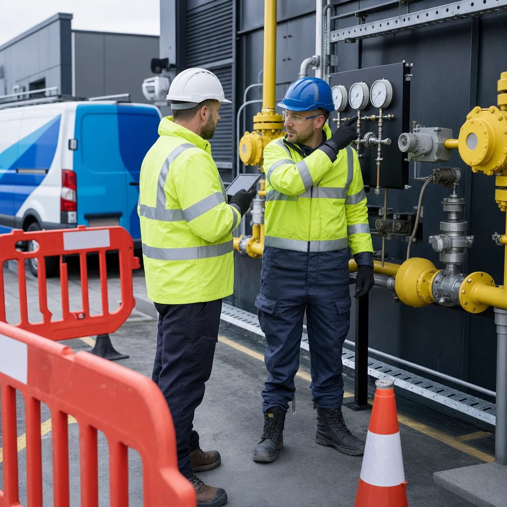 Gas engineers checking gauges and valves on commercial pipework
