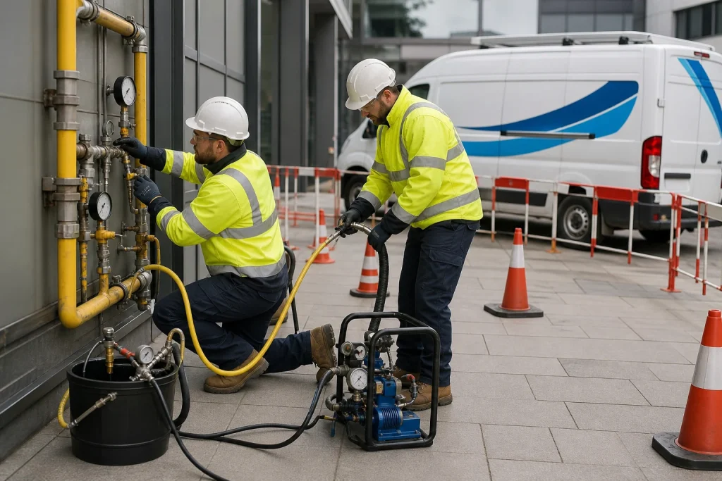Gas engineers testing commercial pipework in a controlled work zone