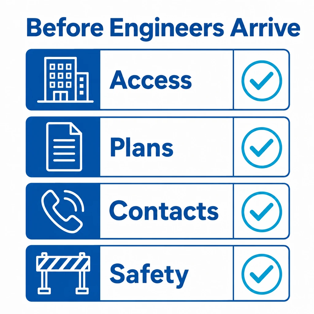 Checklist graphic for preparing access, plans, contacts and safety before engineers arrive
