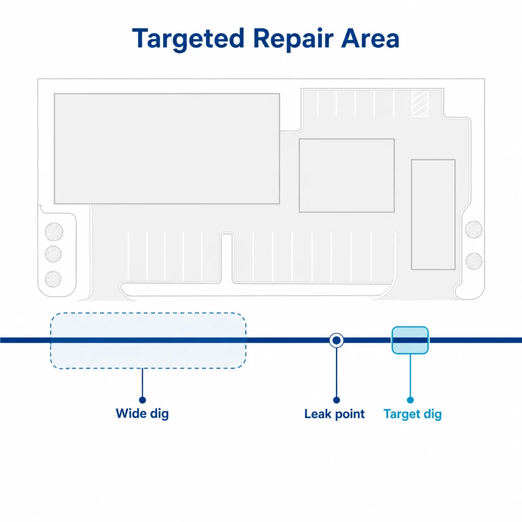 Graphic comparing wide excavation with a targeted repair area after leak tracing