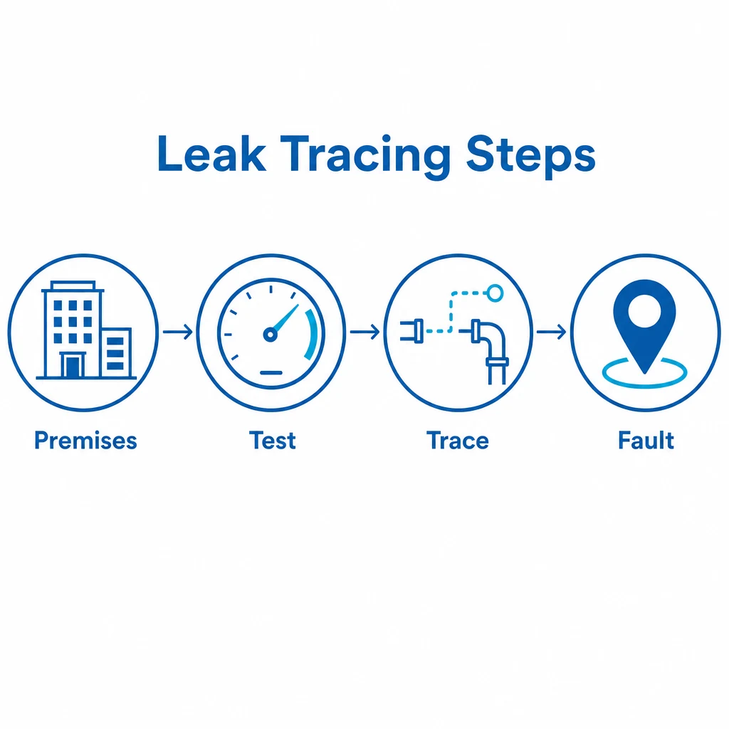 Graphic showing leak tracing steps from premises testing to fault pinpointing