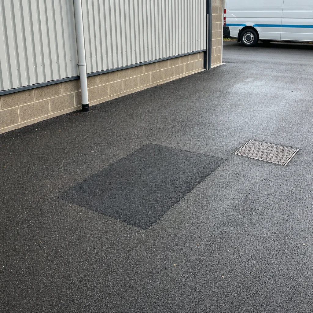 Small reinstated surface patch in a tidy commercial service yard