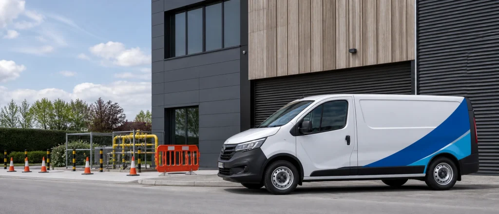 Clean commercial gas work zone outside a UK business premises.