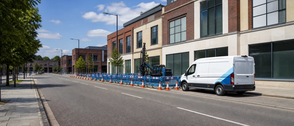 Controlled trenchless drilling work zone on a UK commercial street