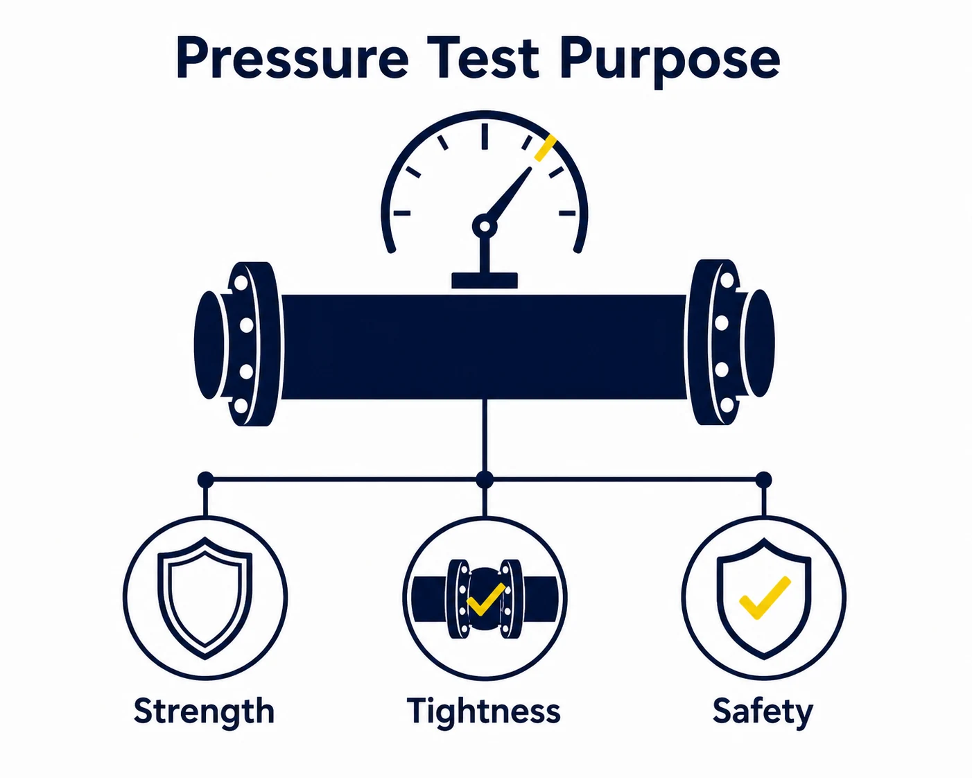 Graphic showing that a pressure test checks strength, tightness and safety.