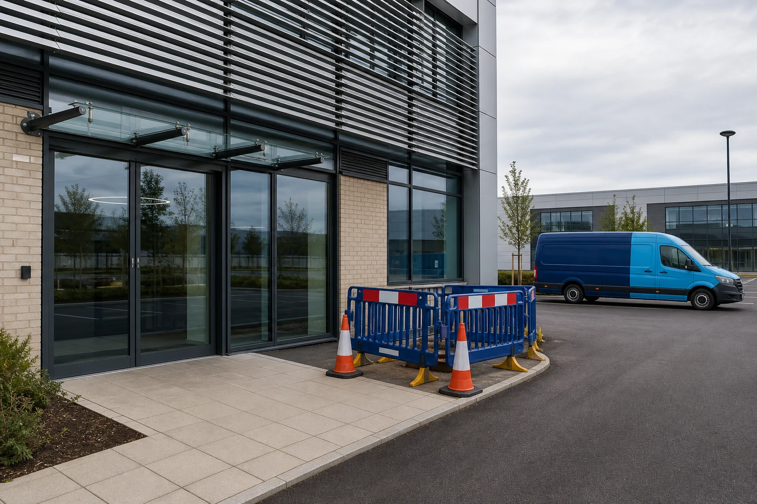 Tidy commercial site prepared for a gas pipework testing visit.